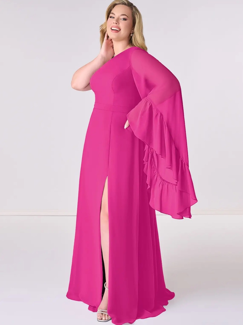 Azazie One-Shoulder Fuchsia Gown with Ruffle Sleeve - Picture 3 of 6